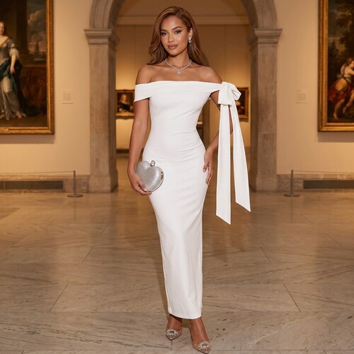 一字肩飘带装饰连衣裙舞会Party