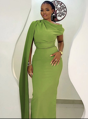 Formal Gown OneShoulder Draped Green FloorLength Prom Dress