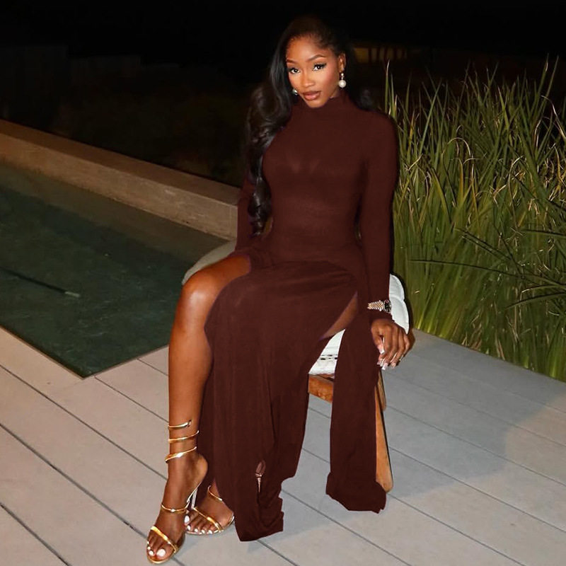 经典百搭黑色长裙初秋聚会长袖裙