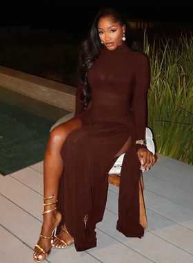 Elegant Black Long-Sleeve Modest Slit Maxi Dress Timeless