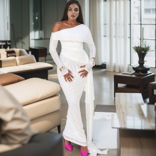 Cocktail Evening Long Dresses Shoulder White Slanted Banquet