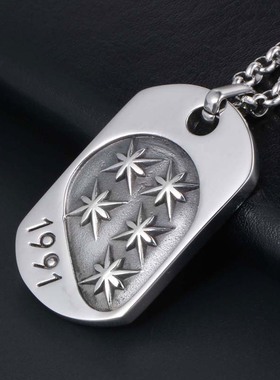 AH7钛钢米花形文字吊坠项链男款时尚潮流复古军牌男士挂件毛衣链