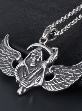 AH7钛钢翅膀骷髅死神镰刀帅气男士吊坠项链潮流个性项坠复古配饰