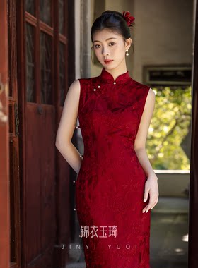 红色订婚礼服订婚礼裙桑蚕丝旗袍