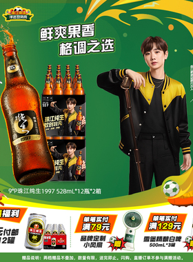 珠江啤酒1997纯生528mL*12瓶*2整箱批发玻璃瓶生啤酒官方旗舰店