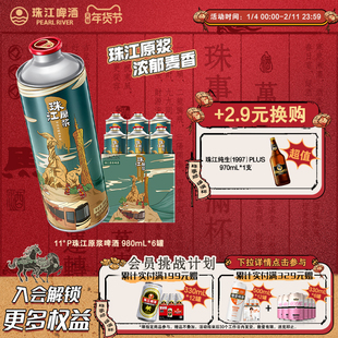 珠江原浆啤酒980ml*6大罐装整箱批发全麦精酿鲜啤年货送礼官旗