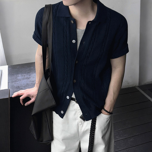 老钱风翻领短袖针织开衫男士2026夏季新款宽松韩系休闲麻花短T恤