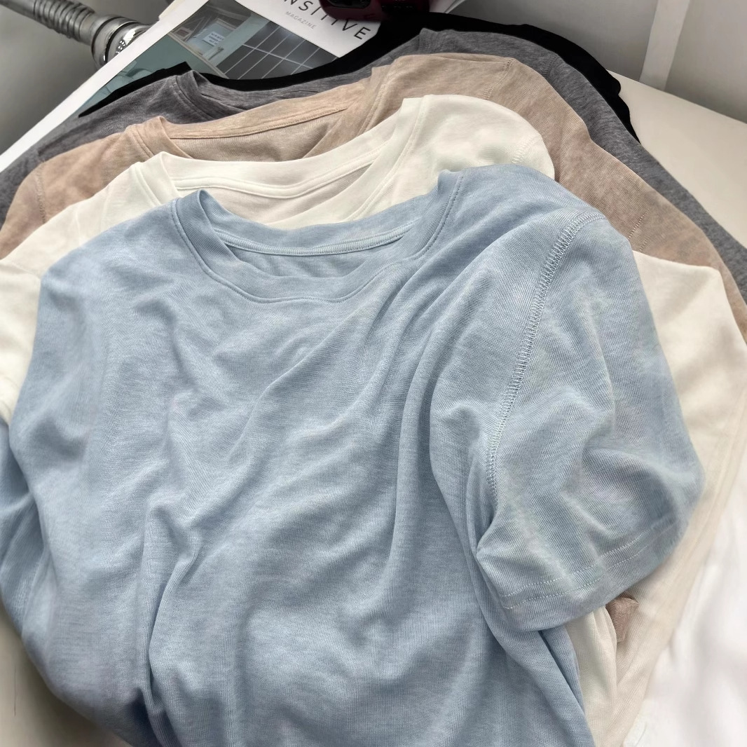 软绵绵薄款短袖t恤女夏宽松温柔纯色圆领套头针织打底上衣