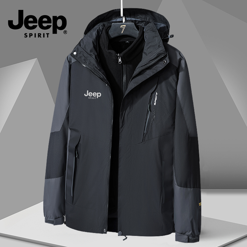 Jeep spirit 冲锋衣外套男女三合一可拆卸冬季加绒加厚防风防水服