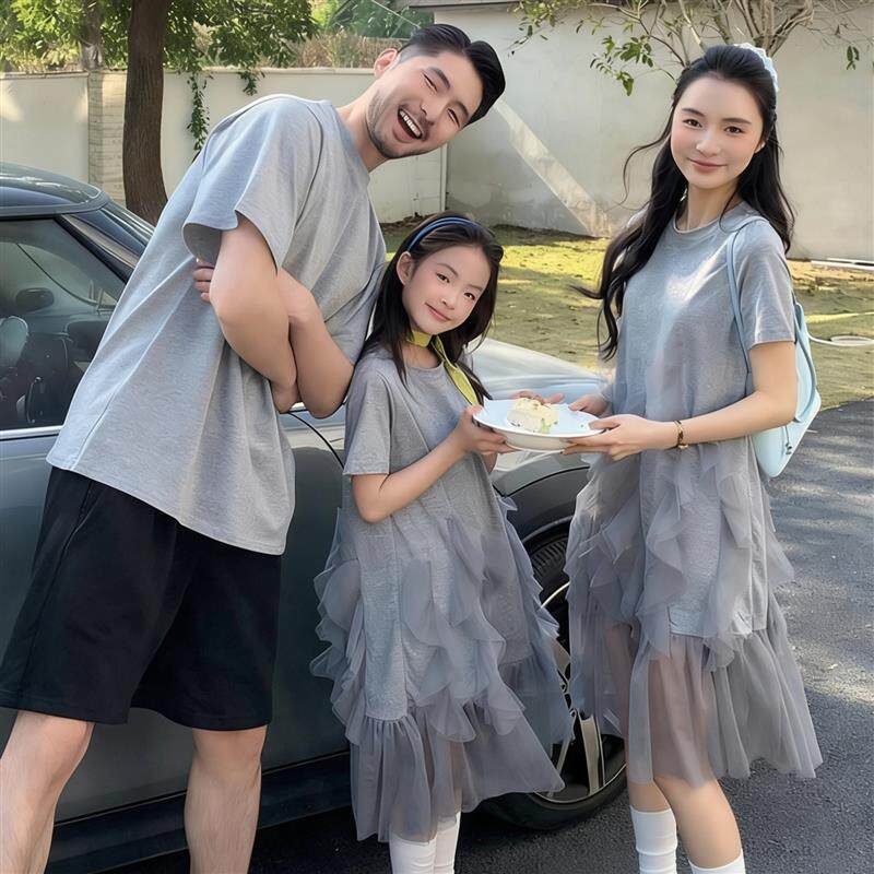 网红亲子装夏一家三口女童网纱蓬亲子装/亲子时装