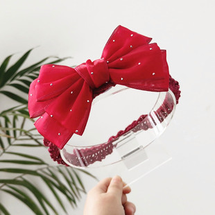 红色周岁头饰女宝宝蝴蝶结百天发饰女孩发箍护囟门 4岁婴儿发带