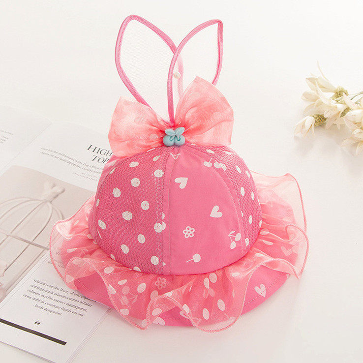 夏季宝宝帽子可爱甜美公主蕾丝花边遮阳帽女孩蝴蝶结网面婴儿盆帽