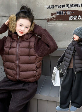 2025冬季新款洋气女童毛线袖拼接排骨棉服