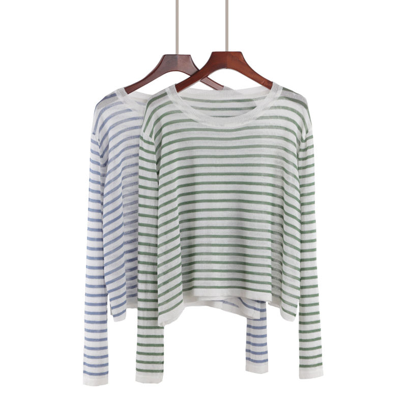 套头防晒衫女薄罩衫2025夏季薄款宽松爆款条纹针织衫长袖外搭上衣