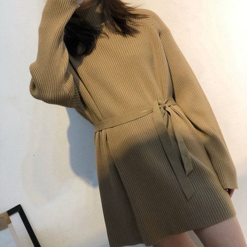 针织连衣裙女2025秋冬新款小个子中长款宽松半高领内搭打底毛衣裙 - 封面