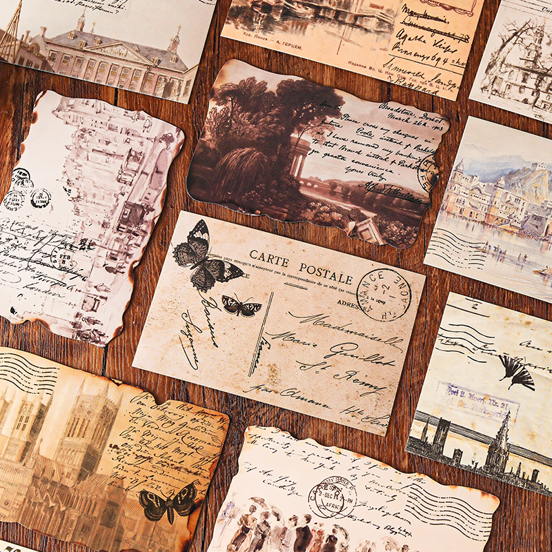 复古风英文书稿插画明信片30张