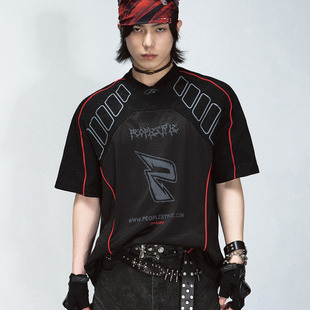 vintage美式复古风球衣篮球男网眼速干短袖t恤高街潮牌骑行机车服