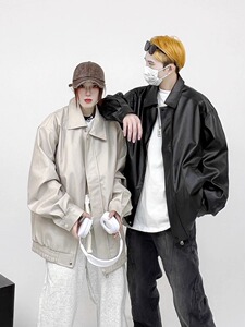 春秋季新款PU皮纯色嘻哈外套上衣美式复古宽松休闲机车风皮夹克男