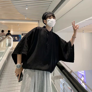 法式衬衫男短袖夏季薄款设计感小众蝙蝠袖韩系套头衬衣七分袖polo