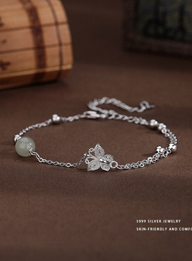 国潮和田玉银手链女 s999足银蝴蝶款 小众不撞款气质手链