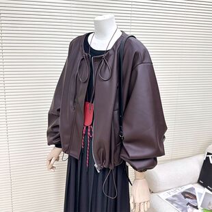 美拉德红咖色超软皮衣外套女2024春秋季 韩系宽松圆领PU皮上衣 新款