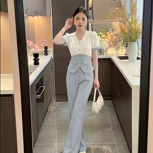 两件套2026夏季新款女气质撞色V 领收腰上衣+高腰阔腿裤套装D6145