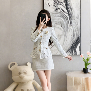 有里布送胸针小香风套装 编织亮片外套半裙两件套HY013 2025秋新款