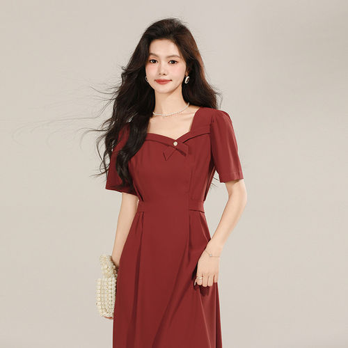 茶歇法式连衣裙2026春季新款复古短袖中长款高腰显瘦小裙子6933