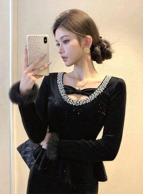 黑色蝴蝶结修身裙子2025冬季新款不撞款收腰连衣裙D4581