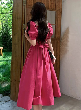 法式方领系带收腰连衣裙女夏a字蝴蝶结泡泡袖气质显瘦长裙D1396