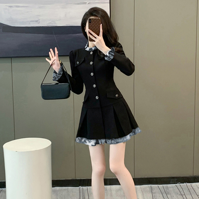 复古小香风连衣裙女2025新款气质拼接黑色收腰百褶修身A字裙6554