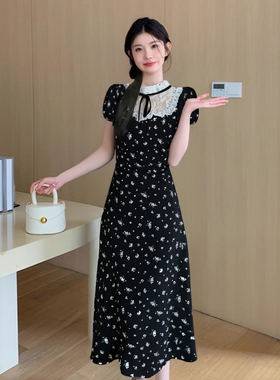 有内衬法式茶歇拼接黑色碎花连衣裙收腰a字小黑裙少女短裙D1326A