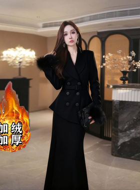 2025秋季新款加绒加厚法式气质西装外套半身裙套装两件套D4050