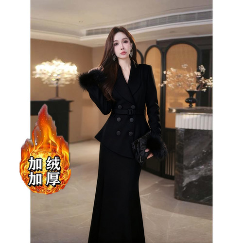 2026秋季新款加绒加厚法式气质西装外套半身裙套装两件套D4050