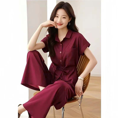 2025夏季新款气质高级感减龄收腰显瘦衬衫阔腿裤两件套D2396