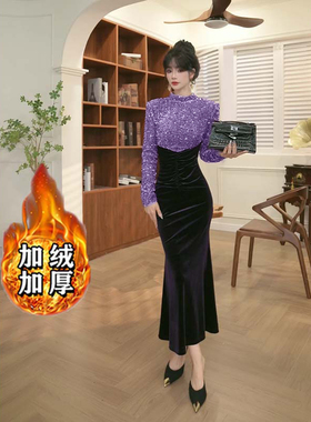 加绒加厚2025秋冬新款女装轻熟风气质V领收腰连衣裙HY0263