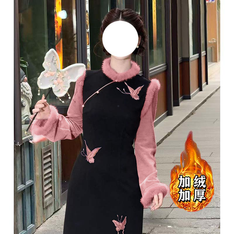 加绒加厚新中式蝴蝶复古长裙2025秋冬新款国风旗袍裙TX0260