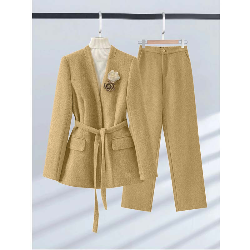 2025秋季新款有里布送腰带胸花气质复古外套裤子套装两件套QJ0109