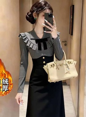 加绒加厚法式复古小众设计感荷叶边高腰显瘦连衣裙秋冬D4433