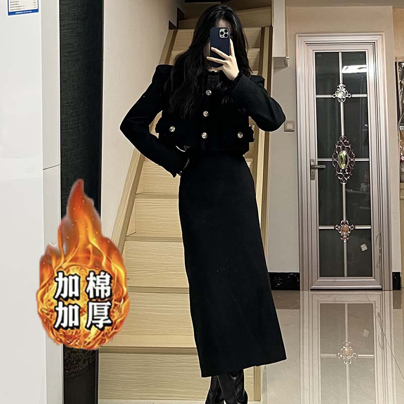 加棉加厚小香风套装女2025冬季新款中长款韩剧穿搭套装裙DM0196