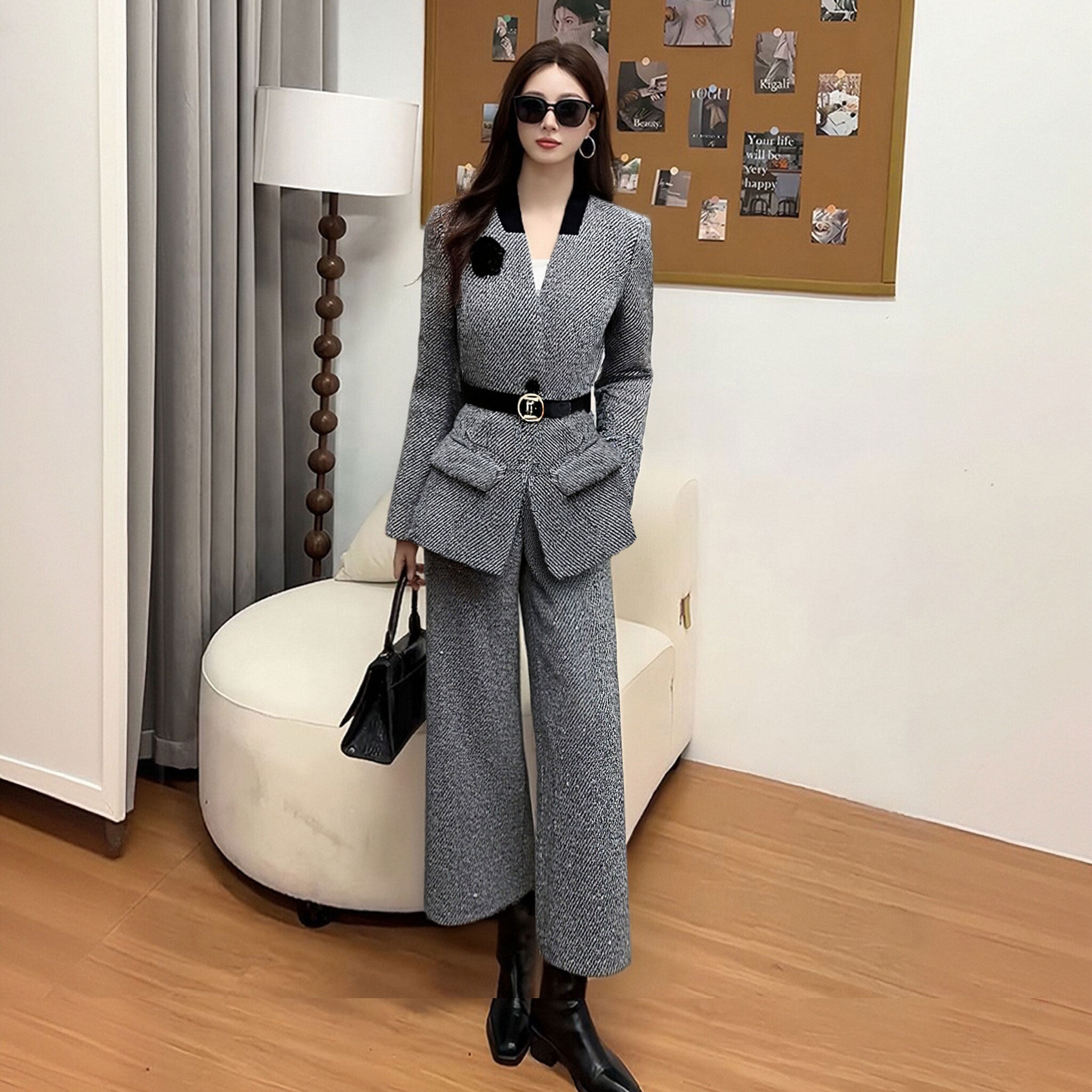 2025秋季新款有里布送腰带送胸花时尚显瘦西装阔腿裤套装TX0179A,女装/女士精品,时尚套装,淘宝优惠券,粉丝福利购,淘宝优惠卷