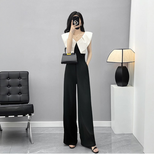 黑色撞色高腰显瘦阔腿连体裤气质轻奢百搭阔腿裤夏季连衣裤D2098A