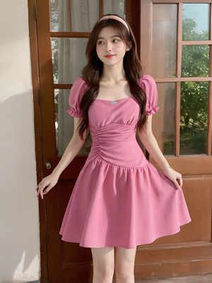 方领连衣裙女装法式泡泡袖2026夏季新款荷叶边褶皱气质收腰裙1341