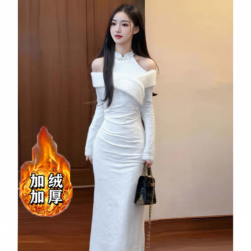 2025秋冬季新款有里布加绒加厚改良旗袍连衣裙露肩长袖裙子TX0299