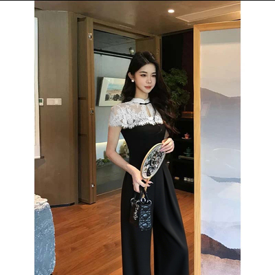 高级感蕾丝拼接连体裤女夏季新款新中式气质名媛连体衣D3291
