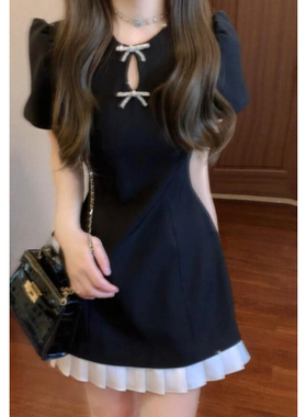 法式高级感小黑裙富家千金小香风泡泡袖蝴蝶结连衣裙小个子女1598