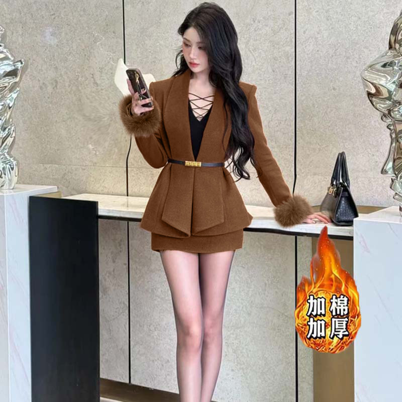 2025冬季新款加棉加厚含腰带时尚套装网红短裙套装两件套JT0228,女装/女士精品,时尚套装,淘宝优惠券,粉丝福利购,淘宝优惠卷