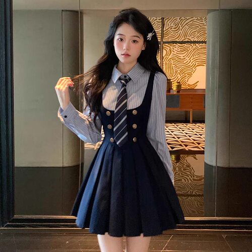 【送领带】2026早秋季新款制服女款学院风修身假两件连衣裙D3325