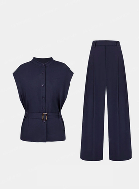 2025新款时尚轻奢清爽慵懒风短袖衬衫+高腰休闲阔腿裤套装D1671