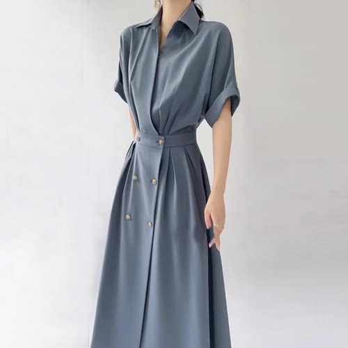 纯色休闲女士连衣裙2025新款轻奢气质吸显瘦时尚收腰中长裙6866